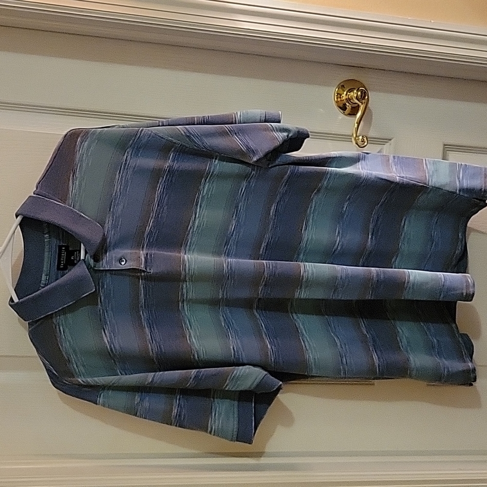 Van Heusen muted blue gray green tan stripe polo shirt short sleeve sz XL EUC …